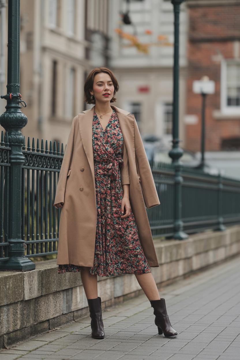 pair a ‍midi sweater⁣ dress with a charcoal coat and ​black heeled boots