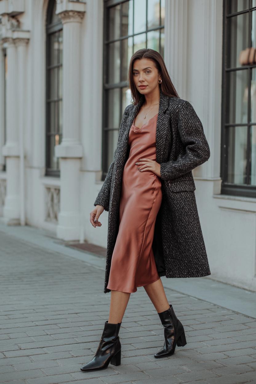 Combine a satin slip dress and textured⁢ wool coat with heeled booties