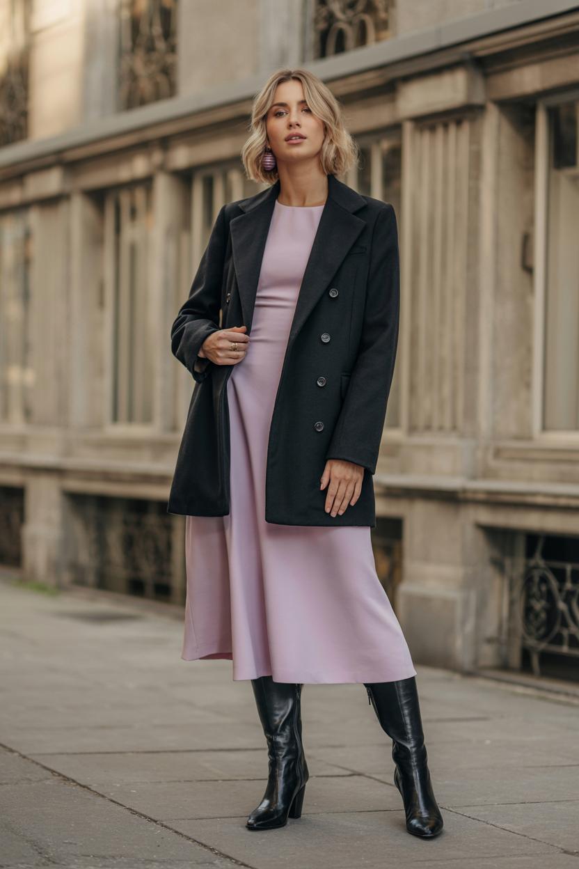 Contrast a pastel ​dress with a dark wool​ coat and matching‍ heeled boots