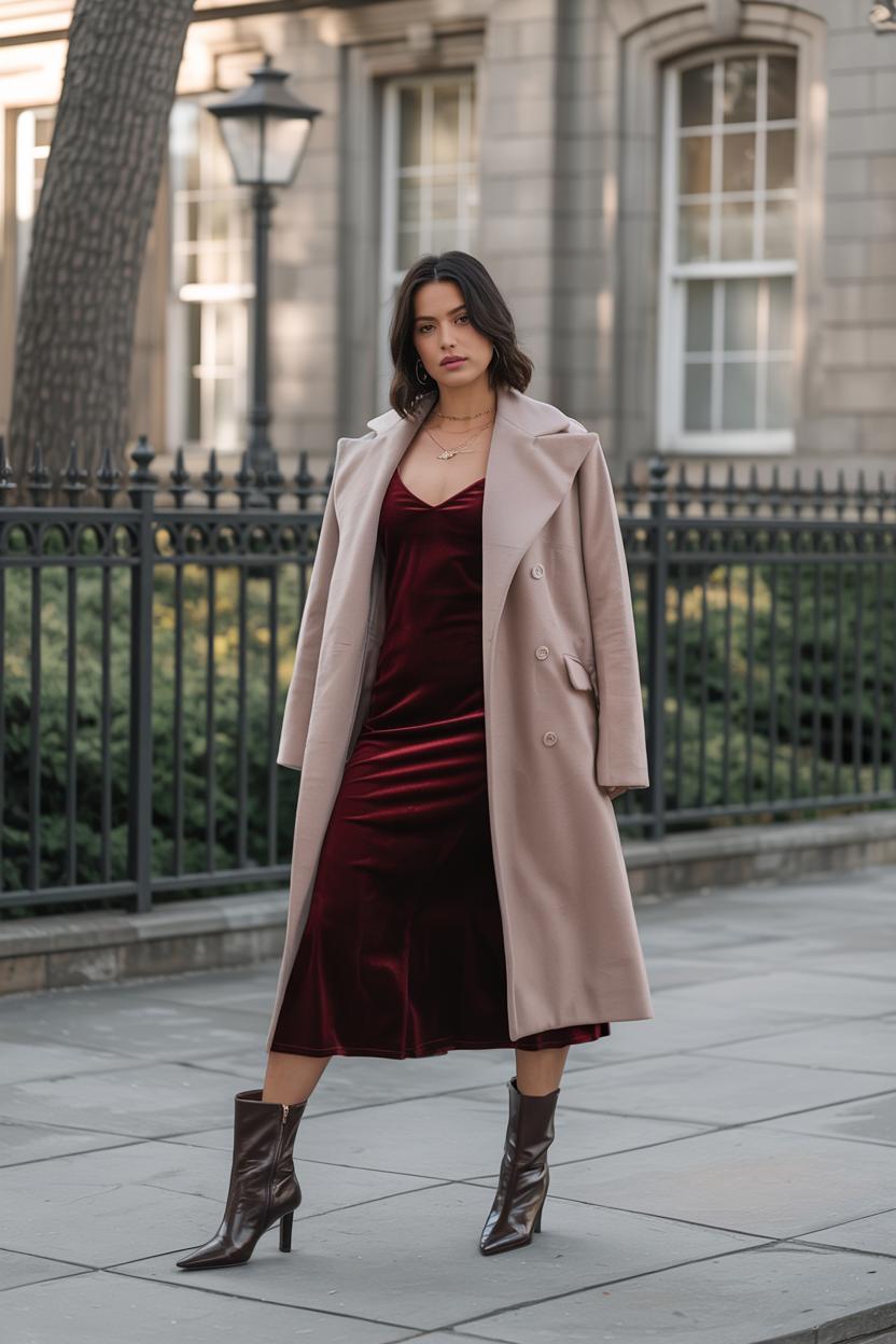 Wear a velvet dress under a soft wool coat with <a href=