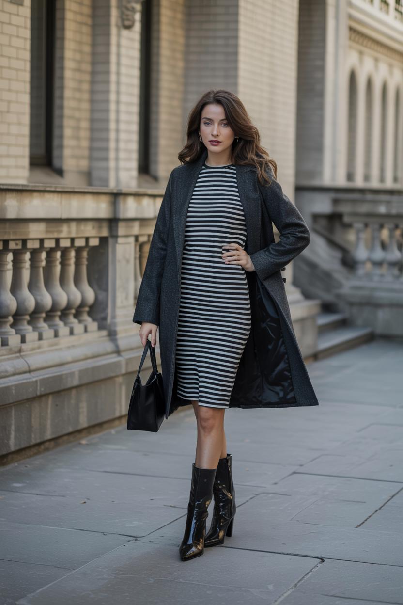 Pair a striped⁢ dress with a ⁣monochrome wool ​coat and glossy ​heeled boots