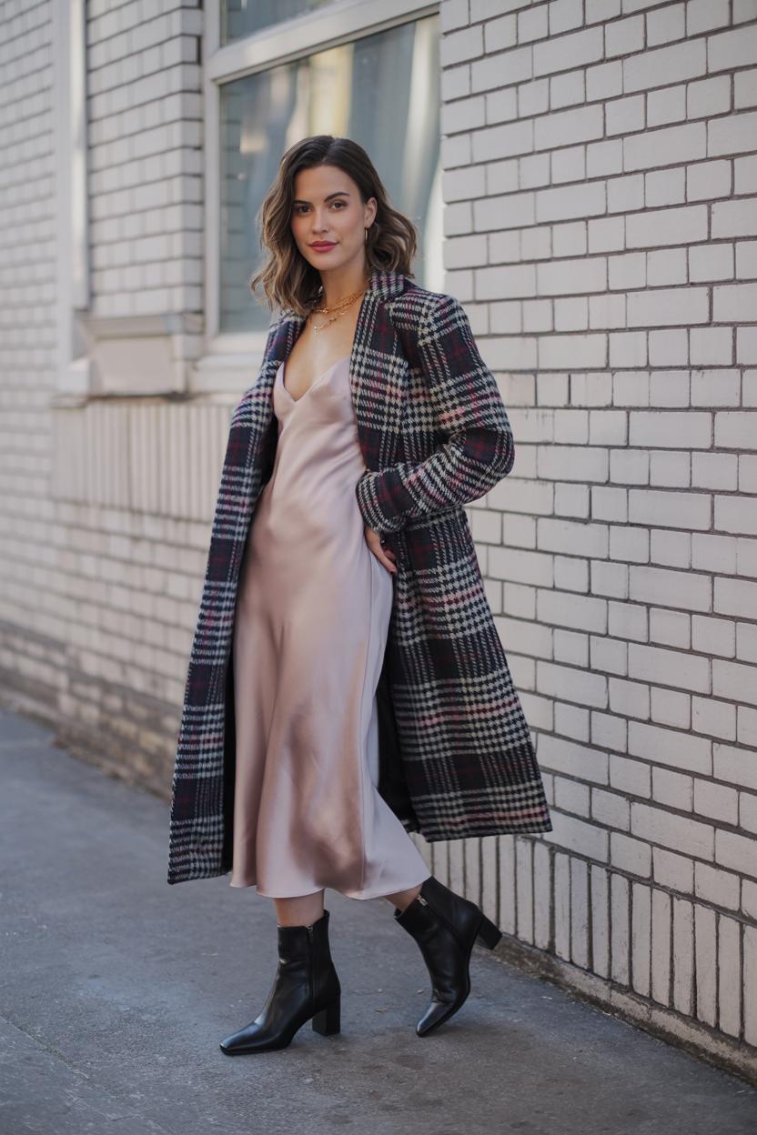 Style a slip dress under a plaid ​wool coat with sleek heeled ⁣booties