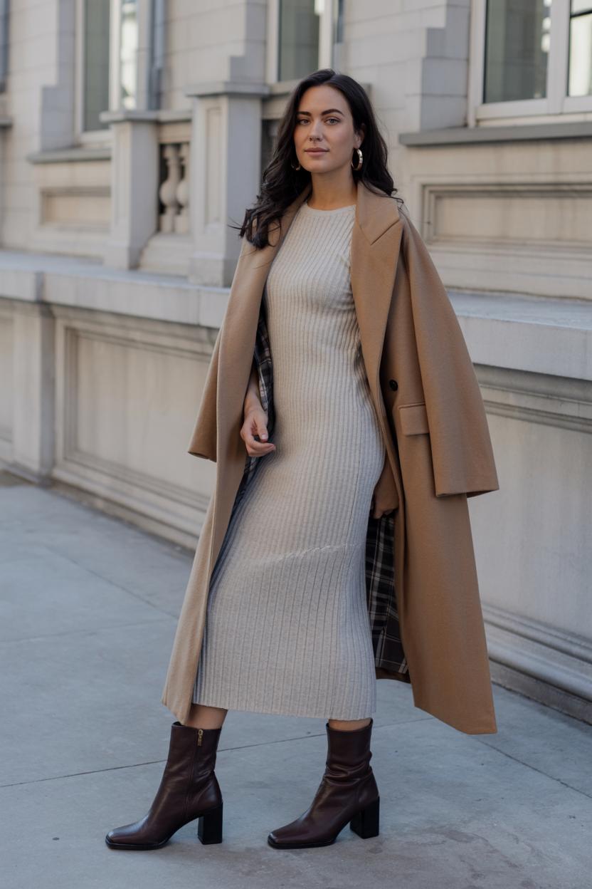 Pair a ribbed knit dress with a neutral wool‍ coat and stacked heel boots