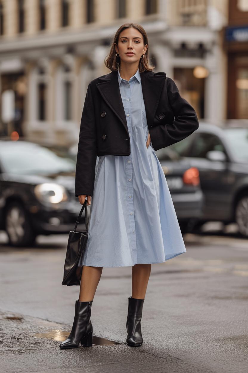 Opt for a shirt dress layered under a cropped wool​ coat‍ and heeled booties