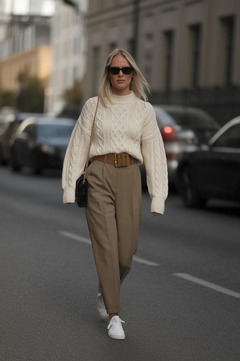 Tuck ⁣a chunky knit sweater into tailored ‍high-waisted trousers and⁢ white ​sneakers