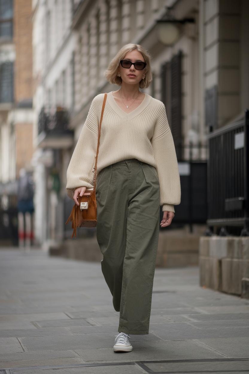 Opt for ​a V-neck knit sweater tucked into high-waisted chinos ​and ⁢canvas‌ sneakers