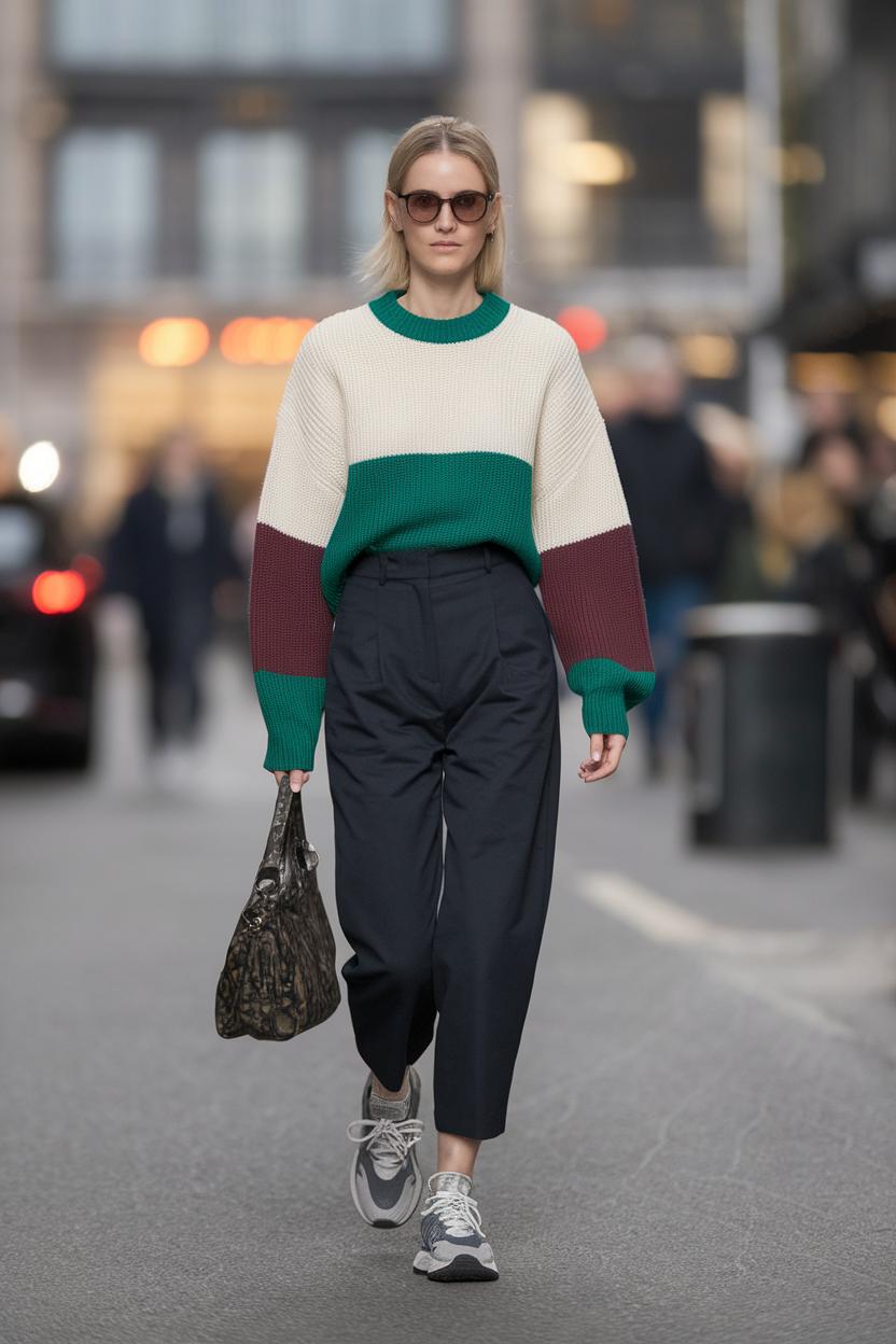 Pair a color-block knit ​sweater ⁤with ​tapered high-waisted pants and sporty sneakers