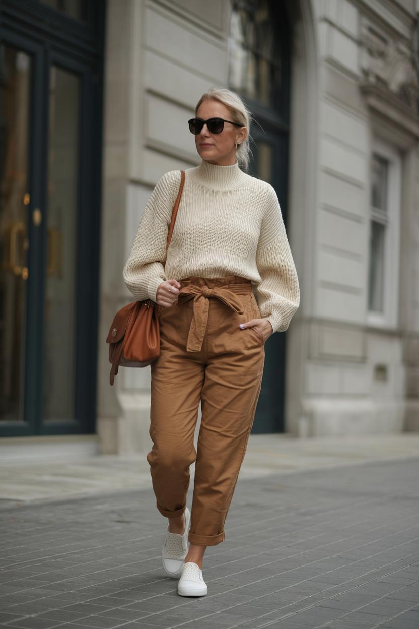 Style a ⁢mock-neck knit sweater with paperbag high-waisted⁣ pants and ⁤slip-on sneakers