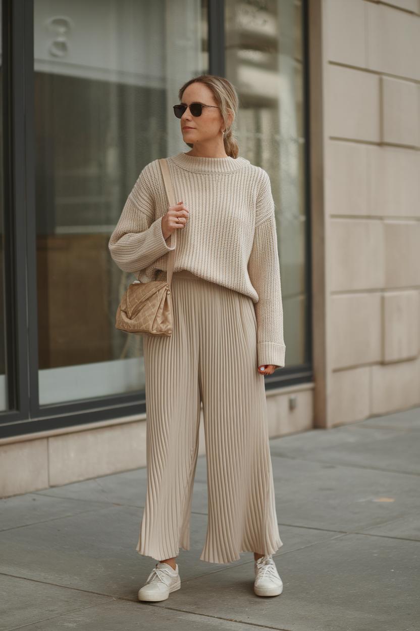 Combine a neutral knit ​sweater with ⁢pleated high-waisted pants and ⁣minimalist sneakers