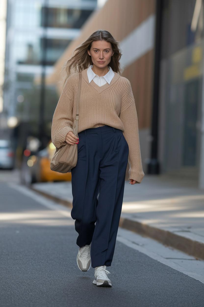 Layer a knit sweater‌ over a collared shirt, paired ⁣with high-waisted ⁤pants‍ and running⁣ shoes