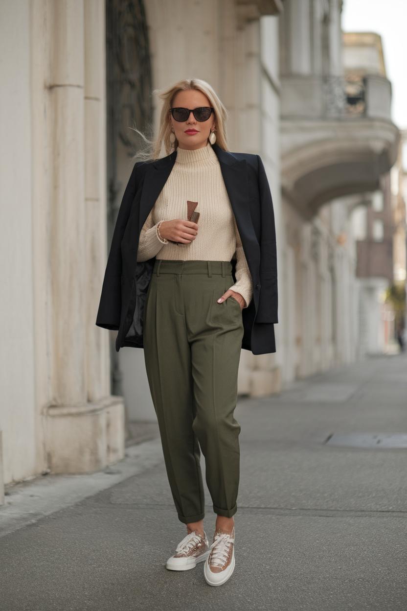 Layer ⁣a fitted ⁣knit ⁤sweater under a‌ blazer with high-waisted ​pants and trendy sneakers