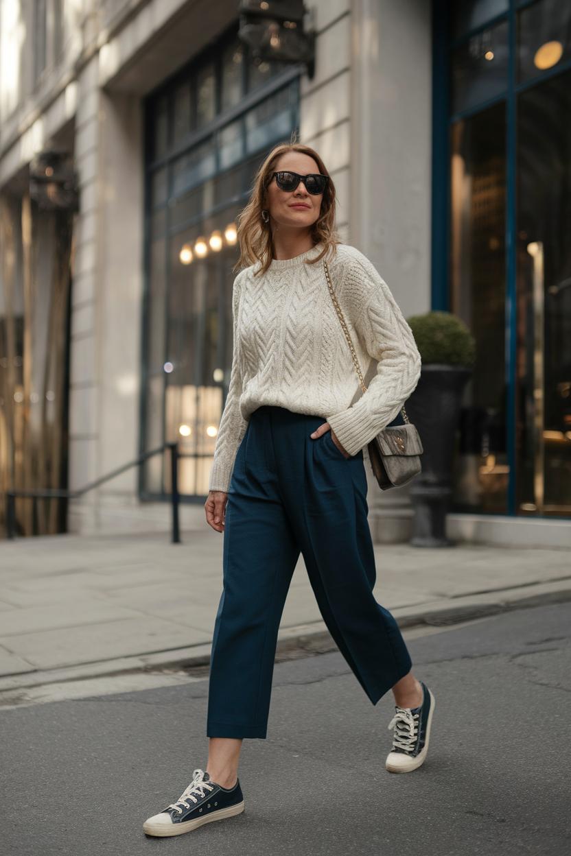 Style a cropped knit sweater⁢ with high-waisted ⁢mom jeans and classic sneakers