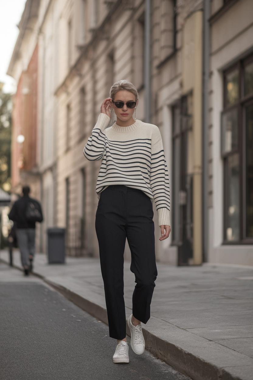 Match ⁢a ⁢striped⁤ knit sweater ‌with‌ slim high-waisted pants and classic ‌low-top sneakers