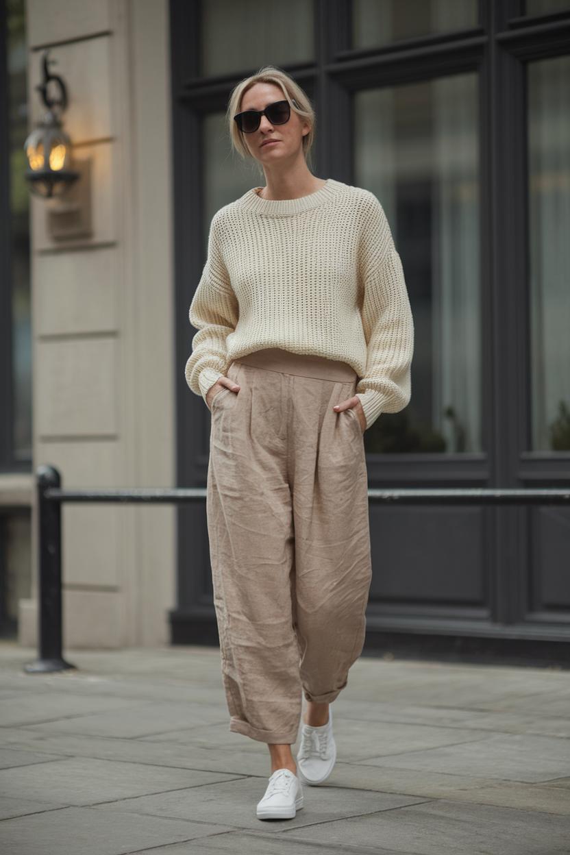 Style an airy ⁢knit sweater‍ half-tucked into⁤ linen‍ high-waisted pants and slip-on⁢ sneakers