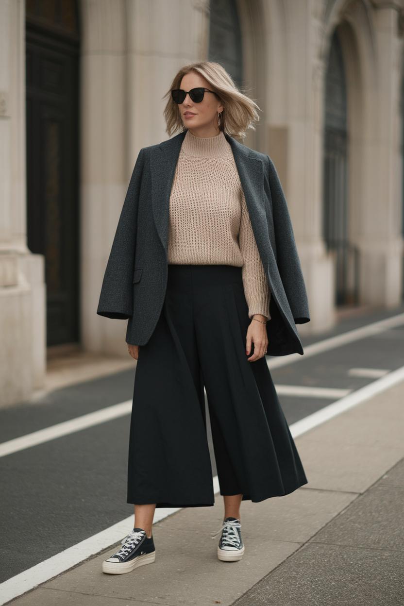 Tuck a fitted knit sweater into high-waisted⁣ skirt-style pants and platform sneakers