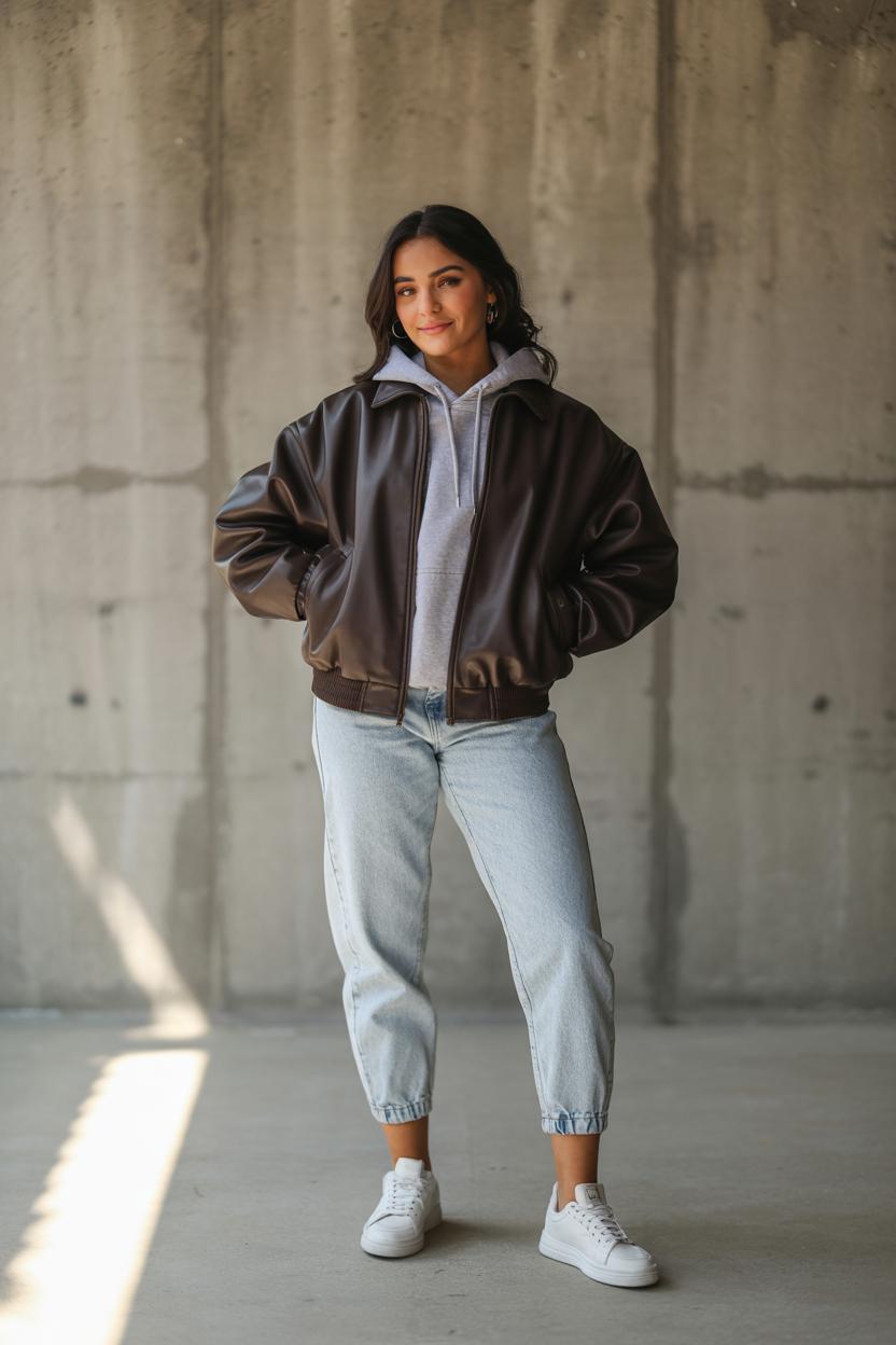 Layer a simple hoodie under the bomber for streetwear appeal