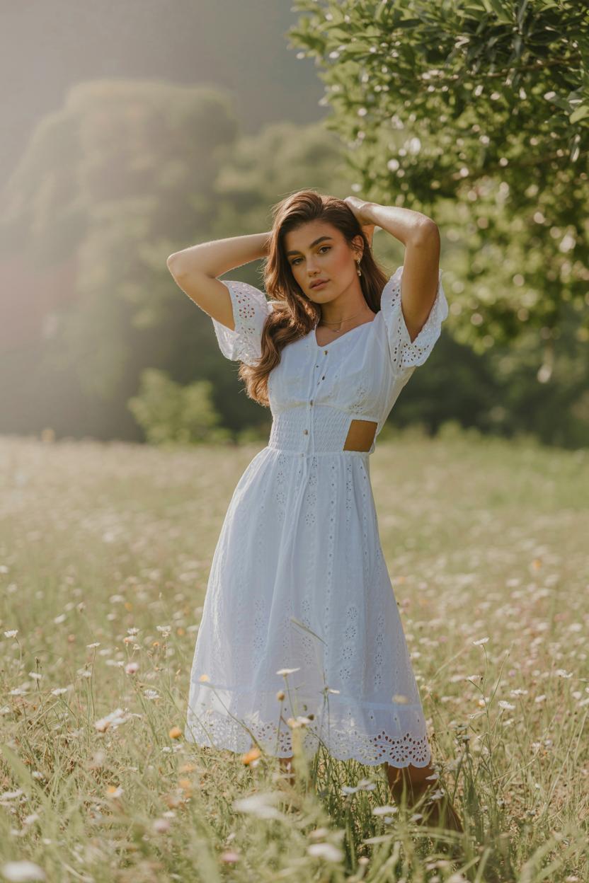 Eyelet embroidery ⁣midi dress with a cinched waist ​for ‌classic appeal