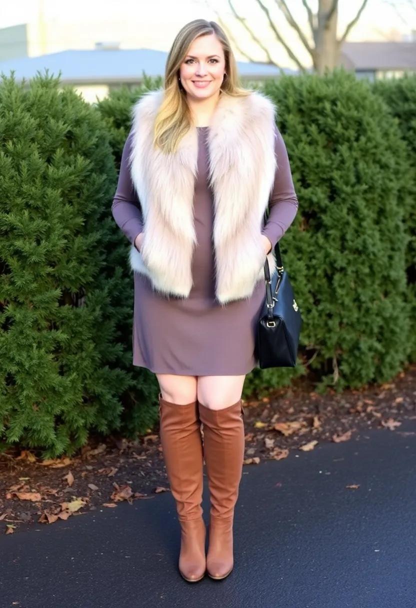 Cozy ‌faux fur⁢ vest ​worn atop a long-sleeve​ dress with knee-high boots