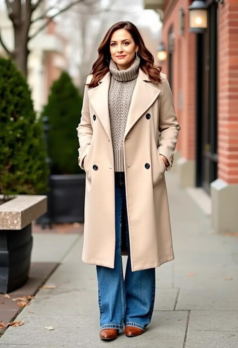Double-breasted coat​ worn⁤ over a chunky ⁣sweater and wide-leg ​jeans