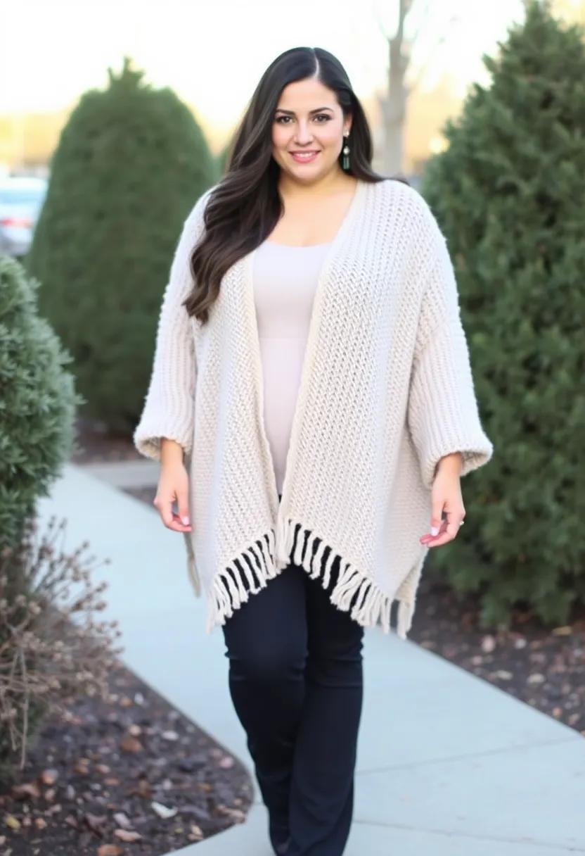 Knit poncho worn over a⁤ fitted ‍top and flared pants for ‍comfort