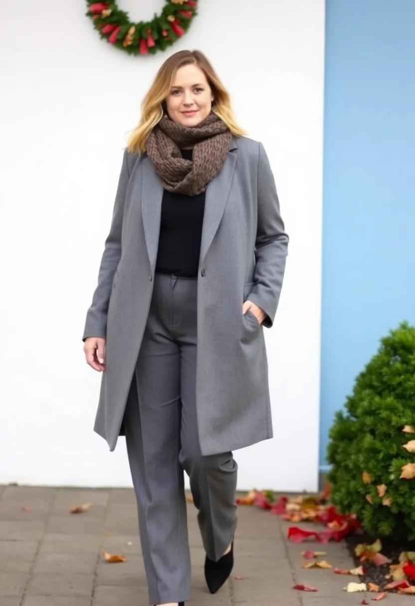 Longline blazer ⁤matched with a ⁢chunky scarf and tailored trousers