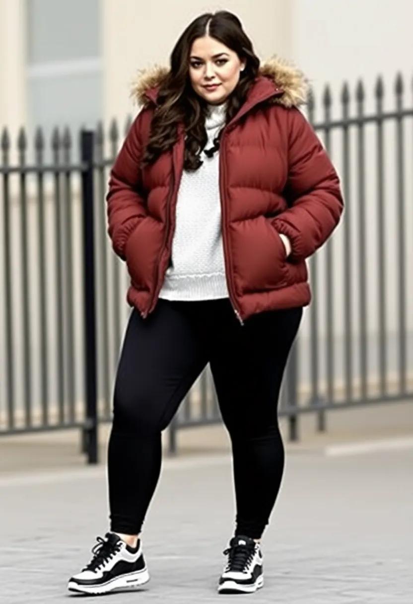 Puffer jacket combined with ​slim-fit joggers and cozy sneakers