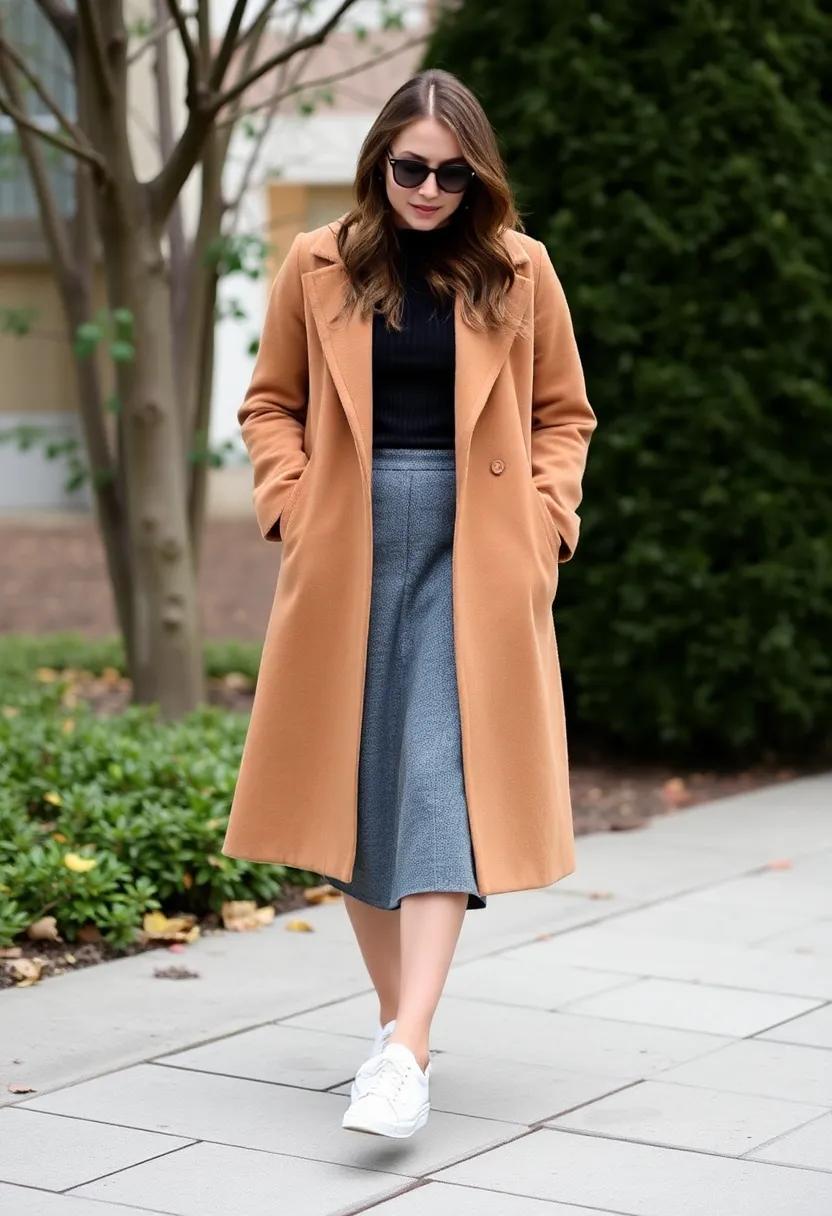 Pair a midi ⁣skirt with a camel wool‍ coat and white sneakers for timeless charm