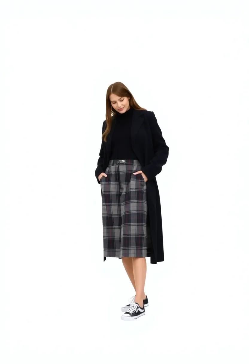 Style a pleated⁤ skirt with ⁢a long ⁢wool coat and slip-on⁤ sneakers ⁣for‌ ease
