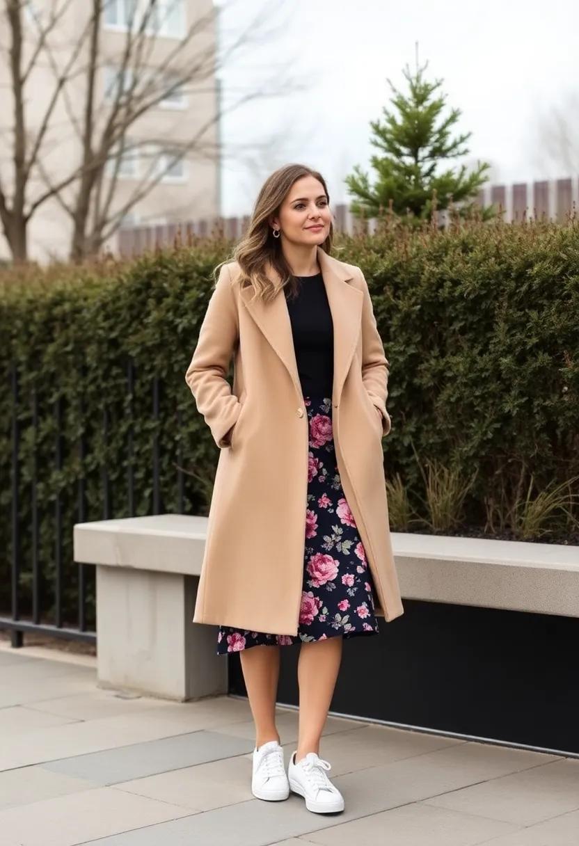 Match a floral skirt ‌with a beige wool coat and ​classic sneakers for ⁣soft vibes