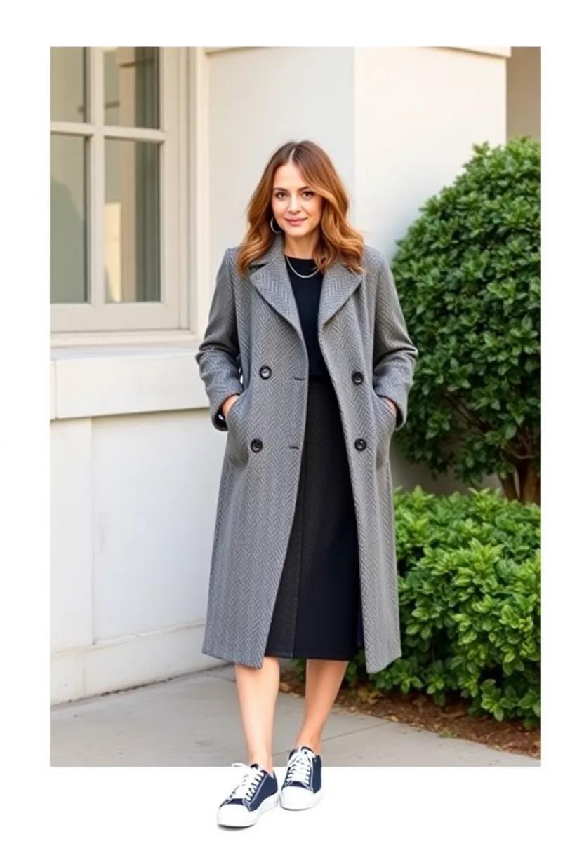 style‌ a button-front skirt with⁢ a herringbone wool⁢ coat and ⁤retro-inspired sneakers