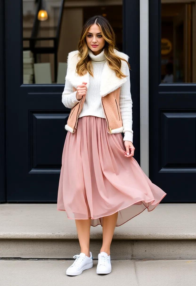Effortlessly chic Ensemble Featuring⁣ a flowing Skirt and Cozy Shearling Vest
