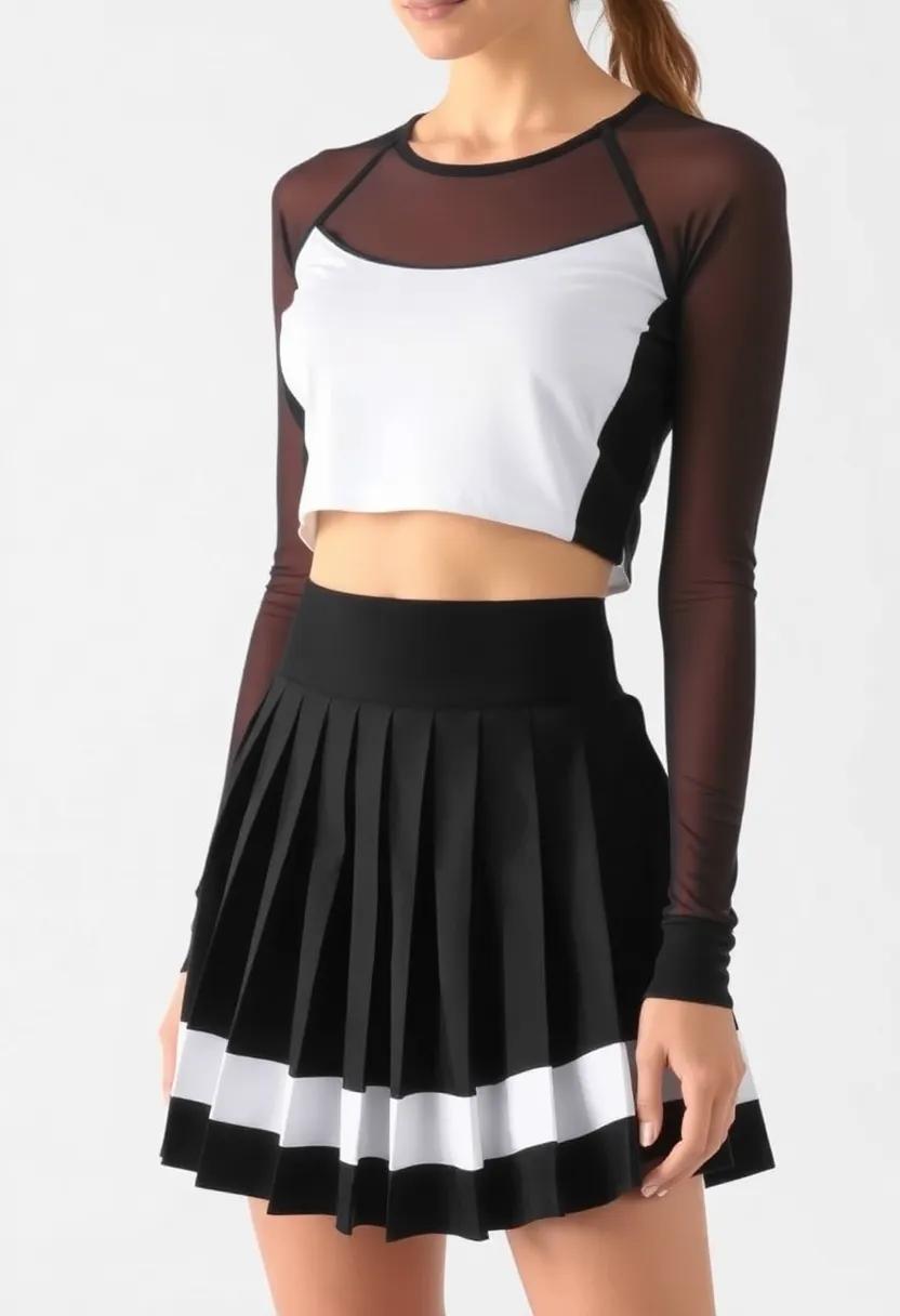 Try a black ​and‍ white pleated skirt with a matching mesh crop tee combo