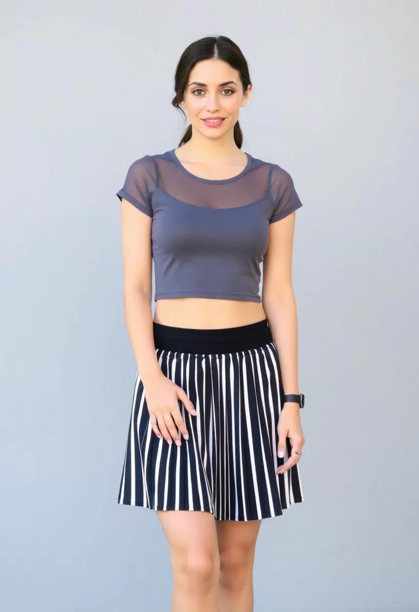 match a navy pleated mini skirt with a light grey mesh crop top for balance