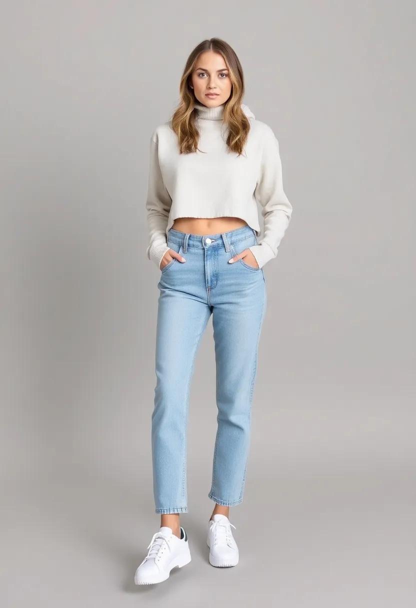 Layer⁤ a cropped turtleneck⁢ hoodie ‍with high-waisted‌ jeans and white sneakers