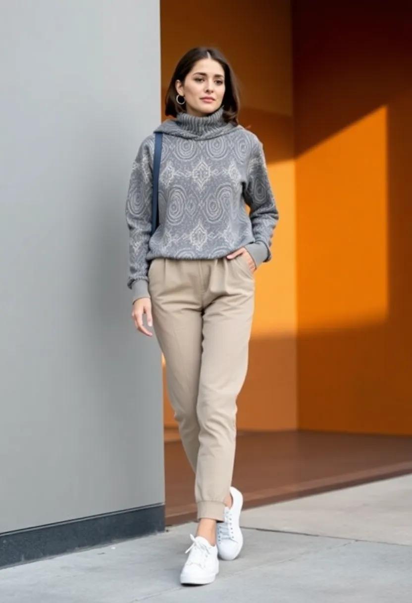 Wear a patterned turtleneck hoodie with solid high-waisted pants and‌ minimalist sneakers