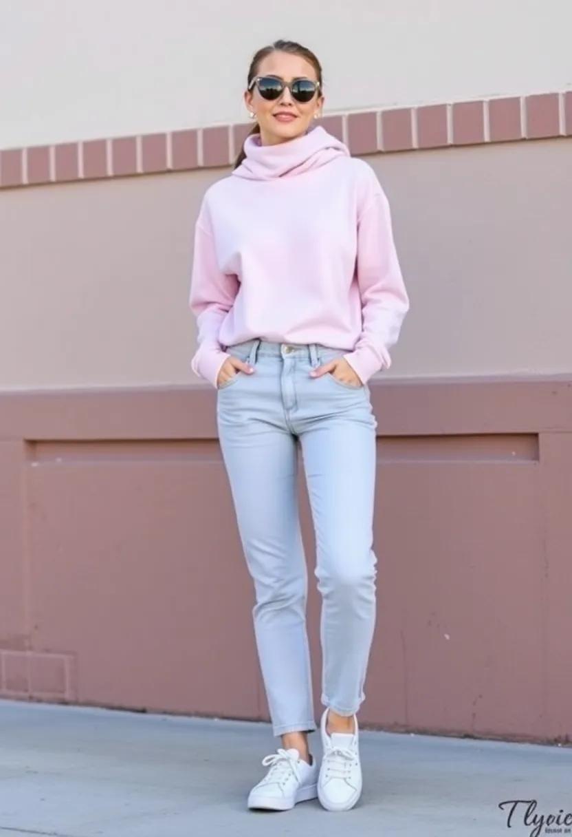 Match ‍a pastel turtleneck hoodie with light-wash high-waisted ⁣jeans and neutral sneakers