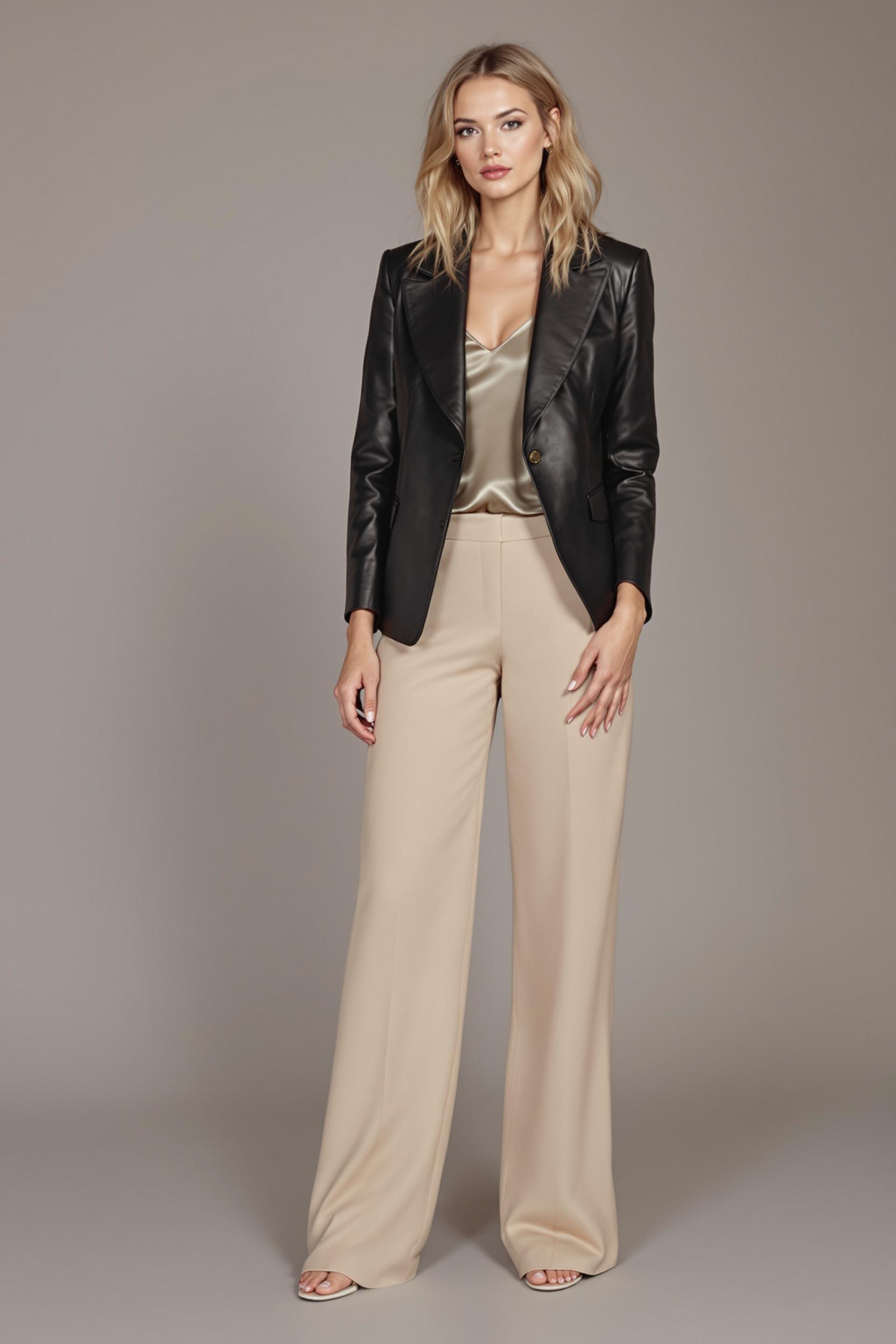 Fitted vegan leather⁢ blazer paired with a silky tank and⁣ wide-leg trousers