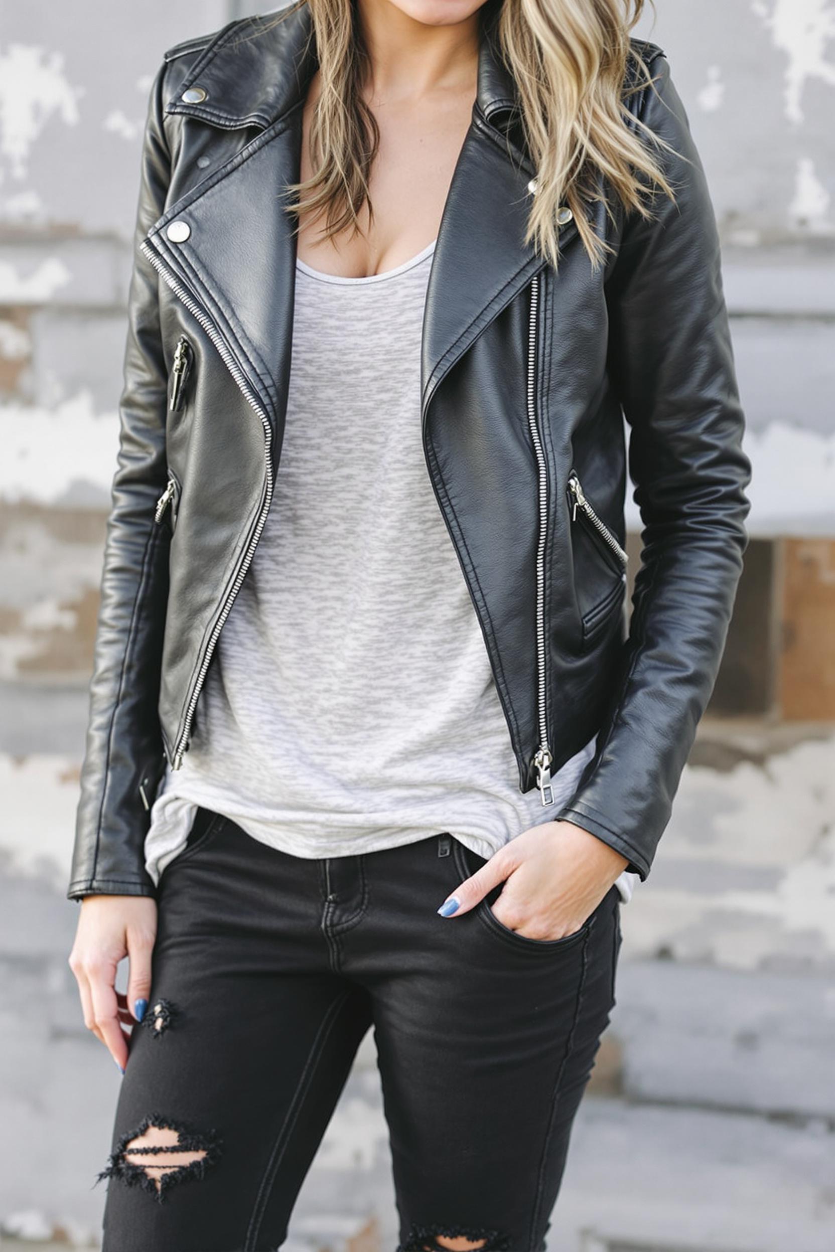 Distressed ​vegan ‍leather ‌jacket over a scoop‌ neck tank⁢ and boyfriend pants