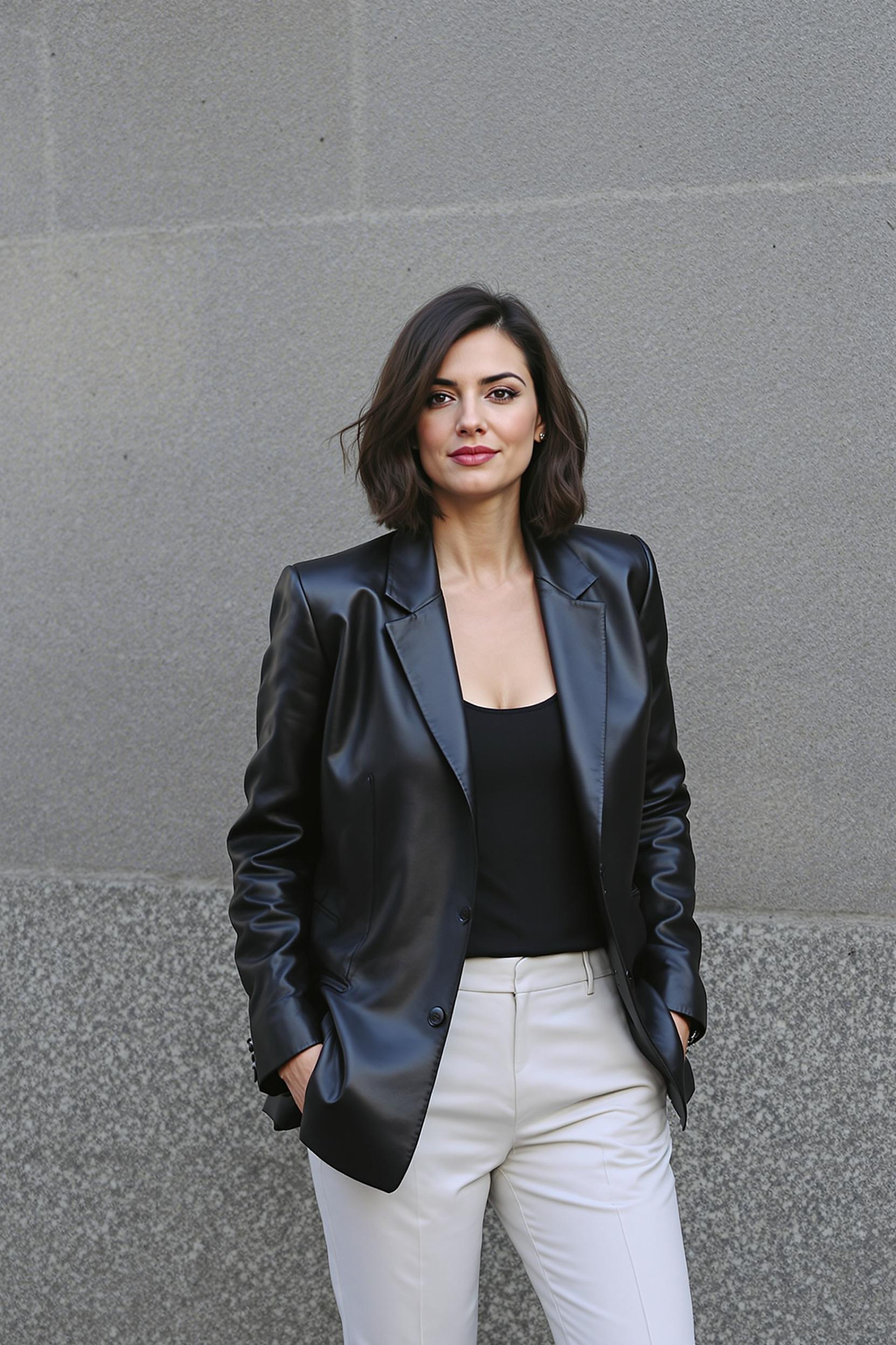 Vegan leather⁤ blazer combined⁢ with a simple tank ‍and ⁤tailored trousers