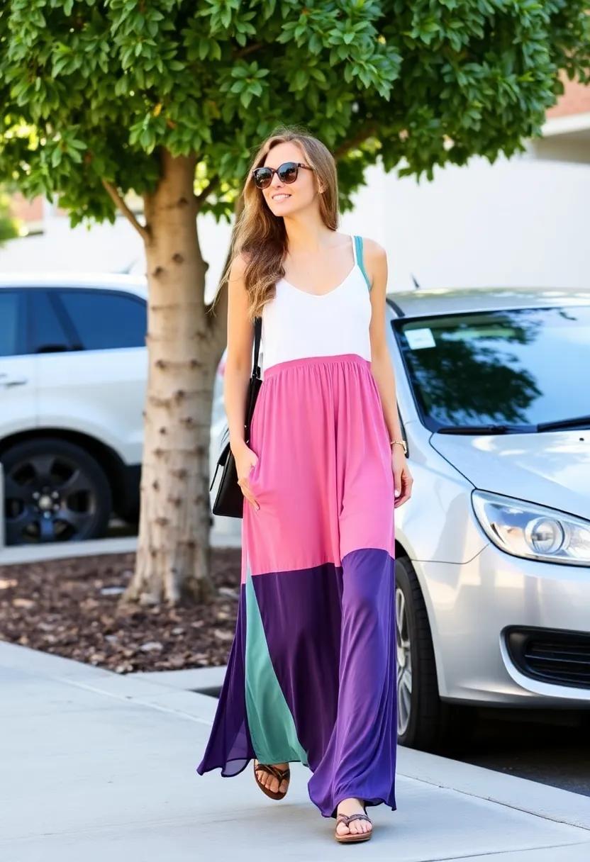 Color-blocked maxi dress with breathable mesh panels ⁢for added edge