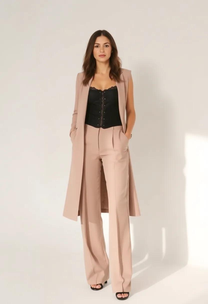 Style a corset ​with wide-leg trousers and a longline duster coat