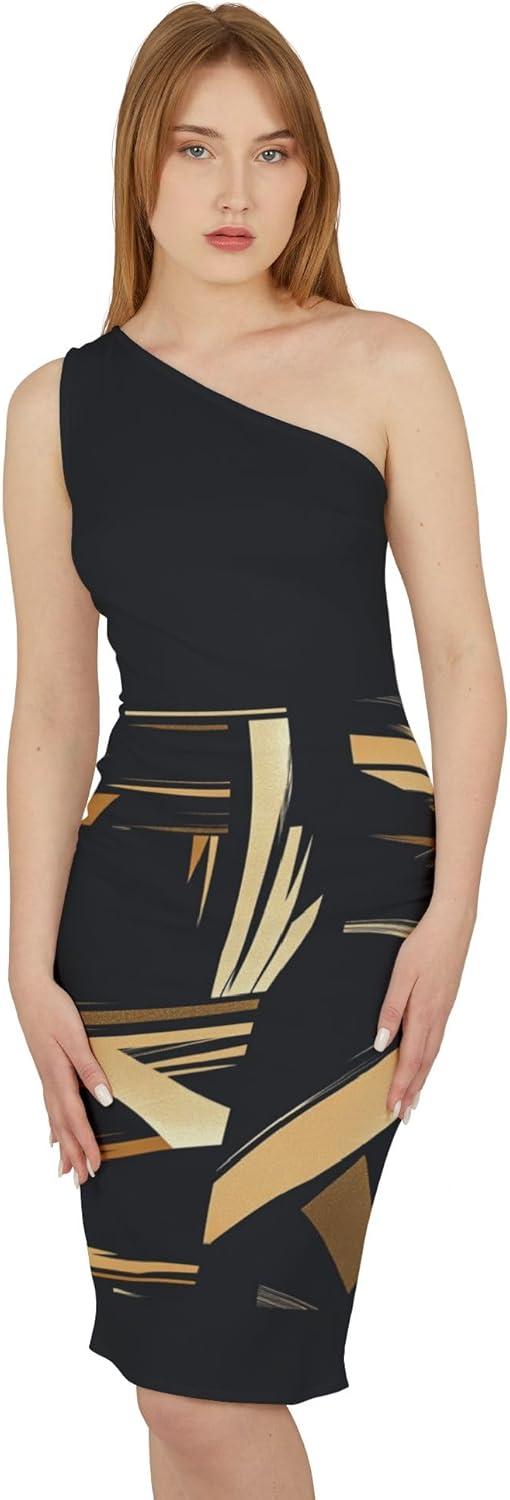 Striking Black & Gold one-Shoulder Dress That Moves With Us
