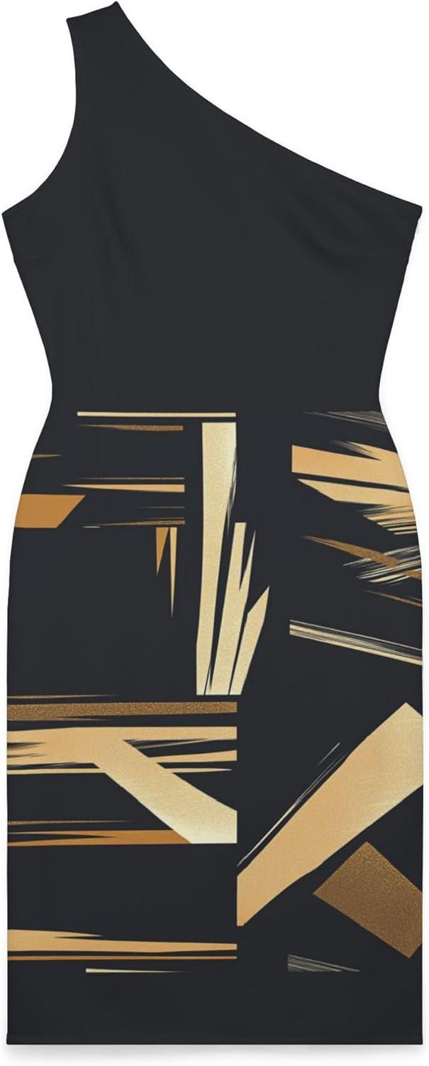 Striking Black & Gold One-Shoulder Dress That Moves With Us