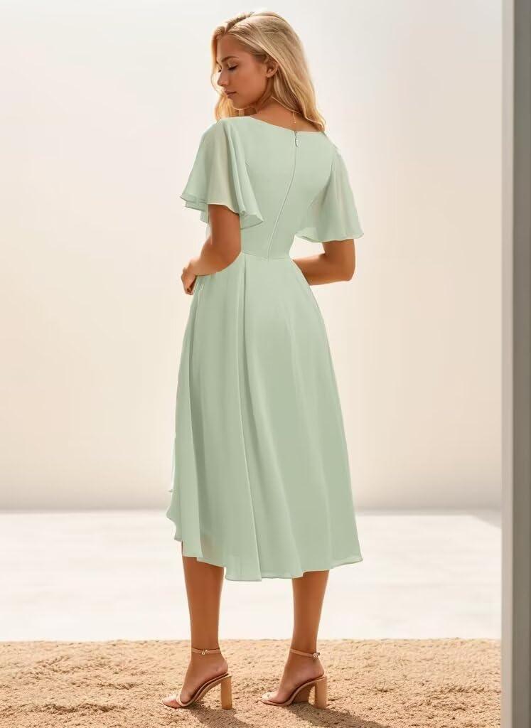 Elegant Tea Length Bridesmaid Dresses with V Neck &⁣ Short Sleeves