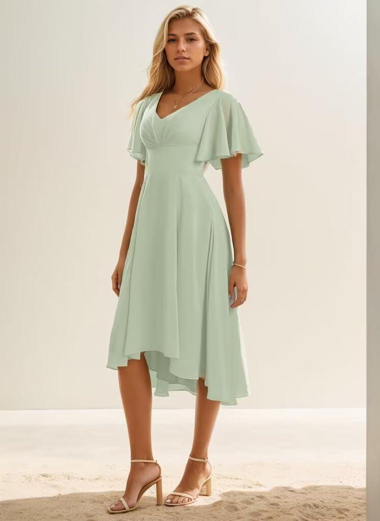 Elegant Tea Length Bridesmaid Dresses with ​V Neck & Short Sleeves