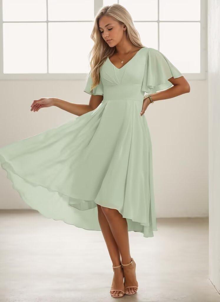Elegant tea Length Bridesmaid ​Dresses with V ‍Neck & Short Sleeves