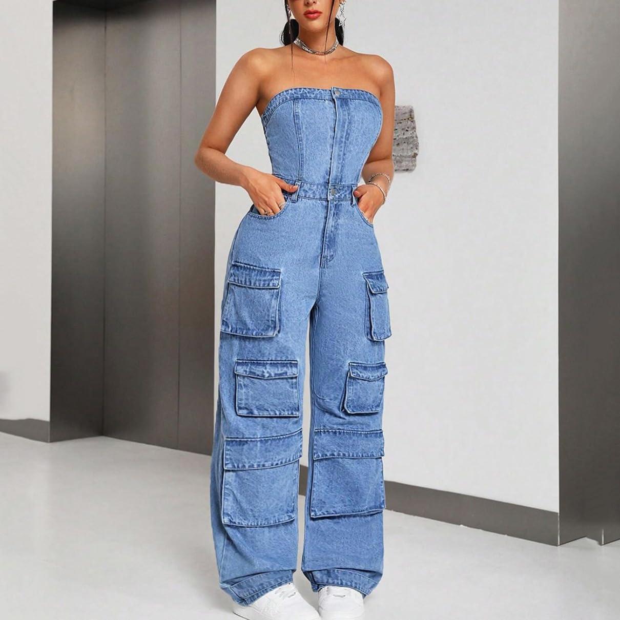 TACSTRUN Women's Strapless ⁤Tube Denim Jumpsuit for your day