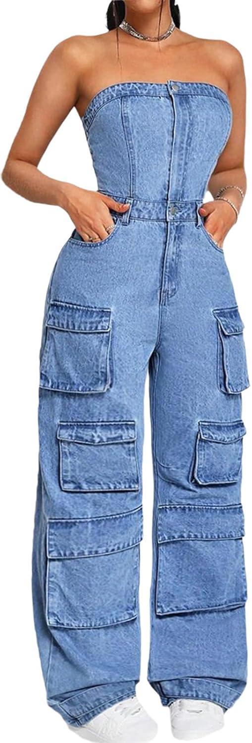 TACSTRUN ‍Women's Strapless Tube Denim Jumpsuit for your‍ day