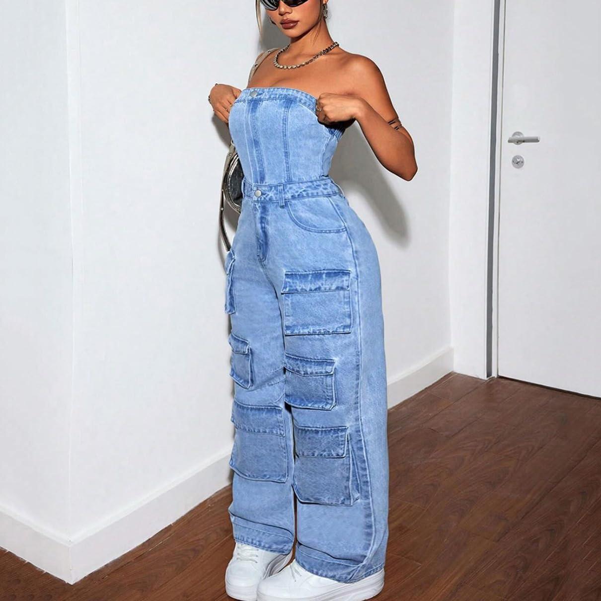 TACSTRUN Women's Strapless​ Tube Denim Jumpsuit for your day