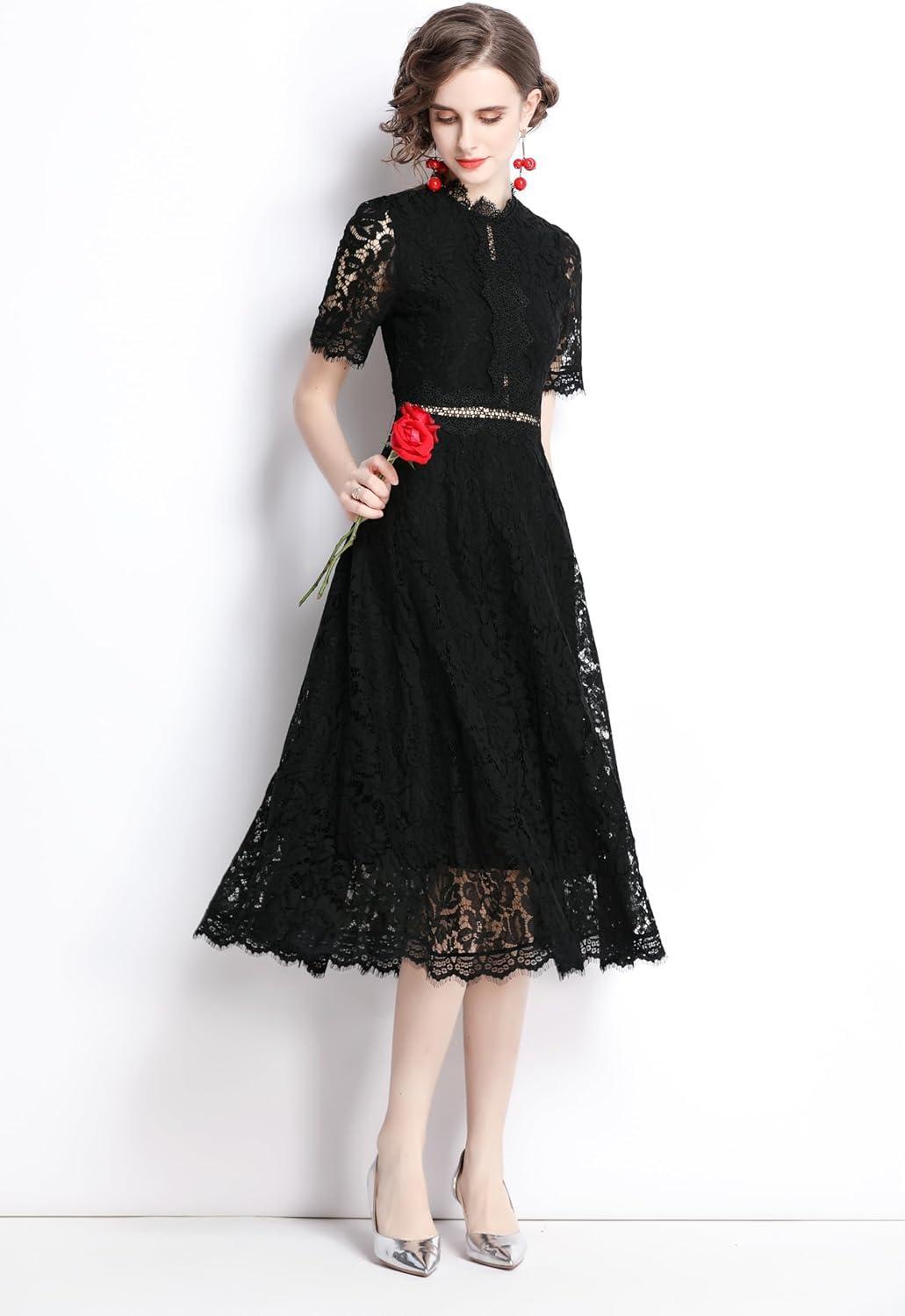 LAI MENG FIVE CATS Women's‌ Midi​ Lace Dress for Your​ Party